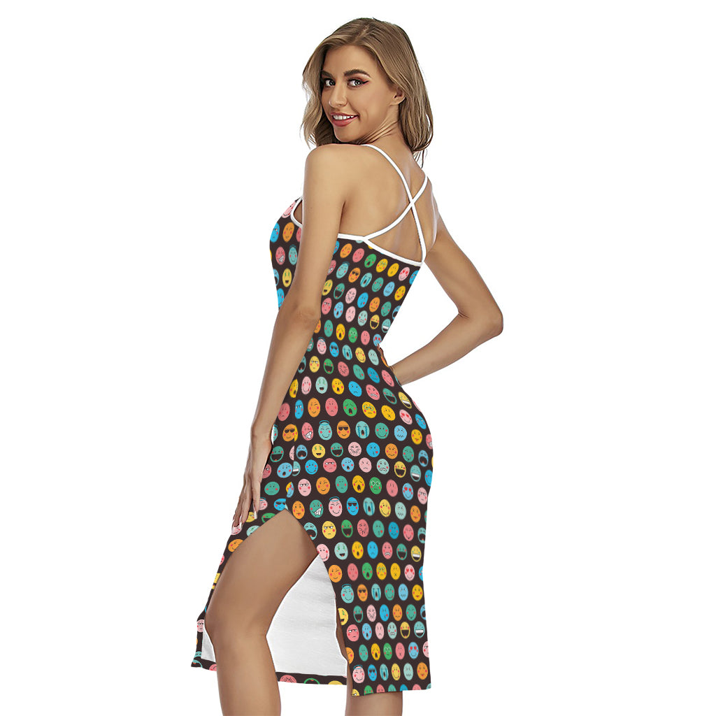 Colorful Emoji Faces Pattern Print Cross Back Cami Dress