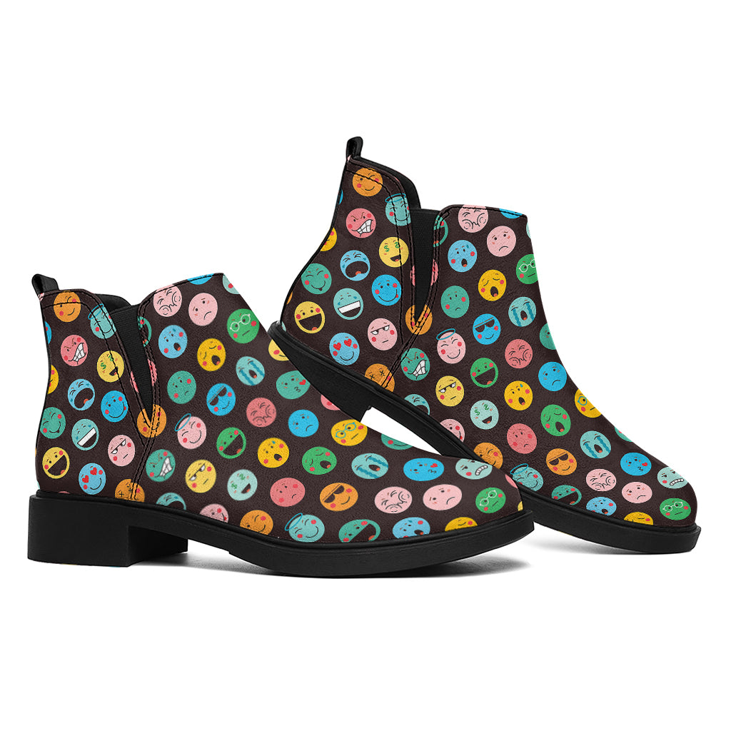 Colorful Emoji Faces Pattern Print Flat Ankle Boots