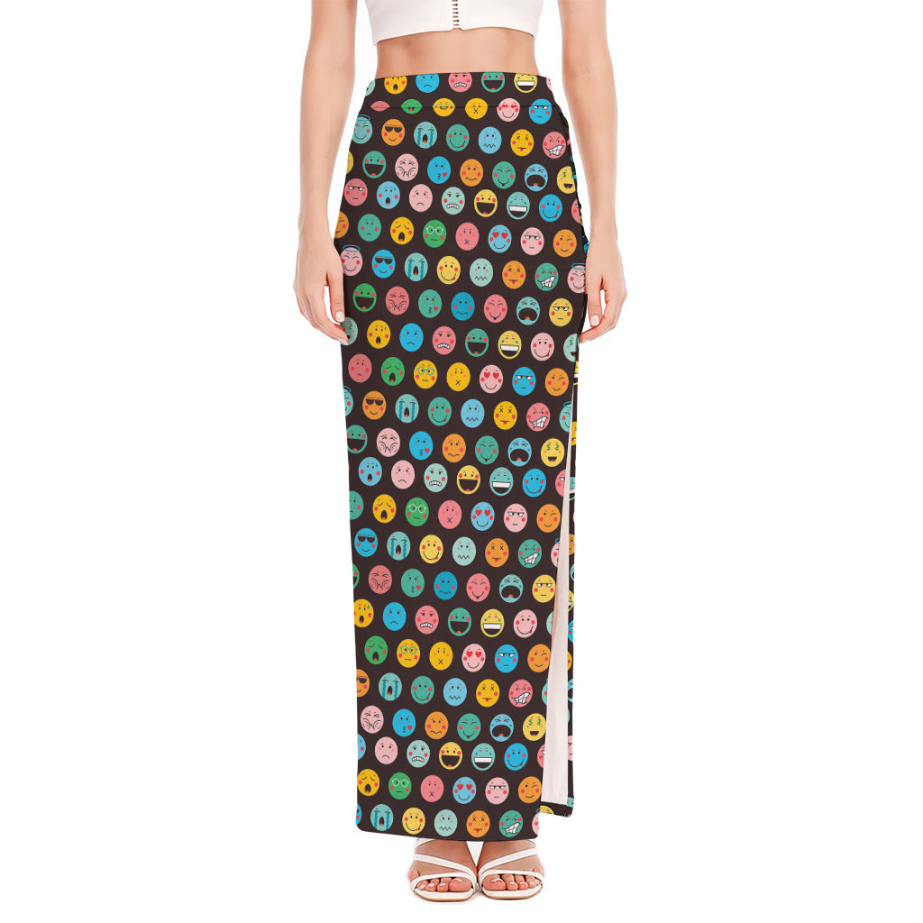 Colorful Emoji Faces Pattern Print High Slit Maxi Skirt