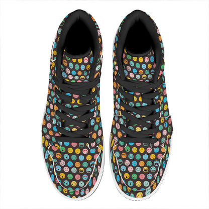 Colorful Emoji Faces Pattern Print High Top Leather Sneakers