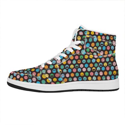 Colorful Emoji Faces Pattern Print High Top Leather Sneakers