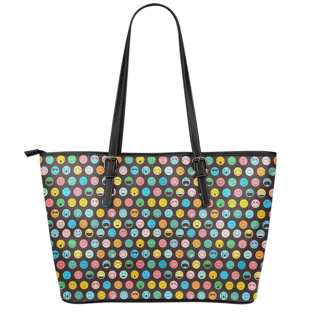 Colorful Emoji Faces Pattern Print Leather Tote Bag