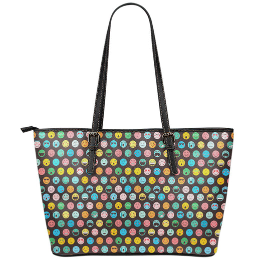 Colorful Emoji Faces Pattern Print Leather Tote Bag