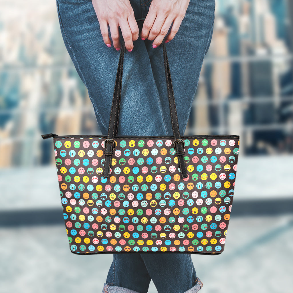 Colorful Emoji Faces Pattern Print Leather Tote Bag