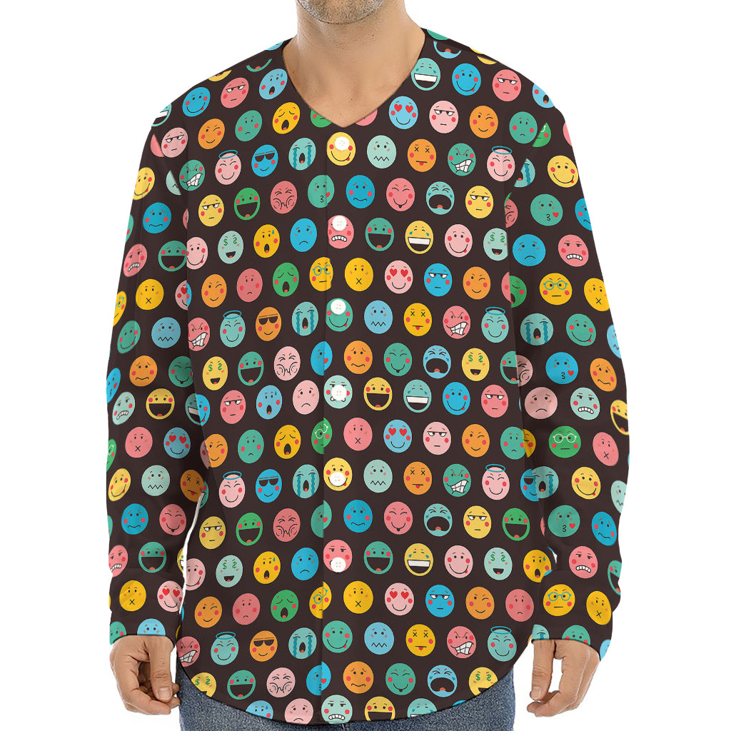 Colorful Emoji Faces Pattern Print Long Sleeve Baseball Jersey