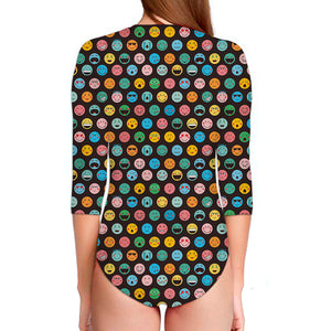 Colorful Emoji Faces Pattern Print Long Sleeve Swimsuit