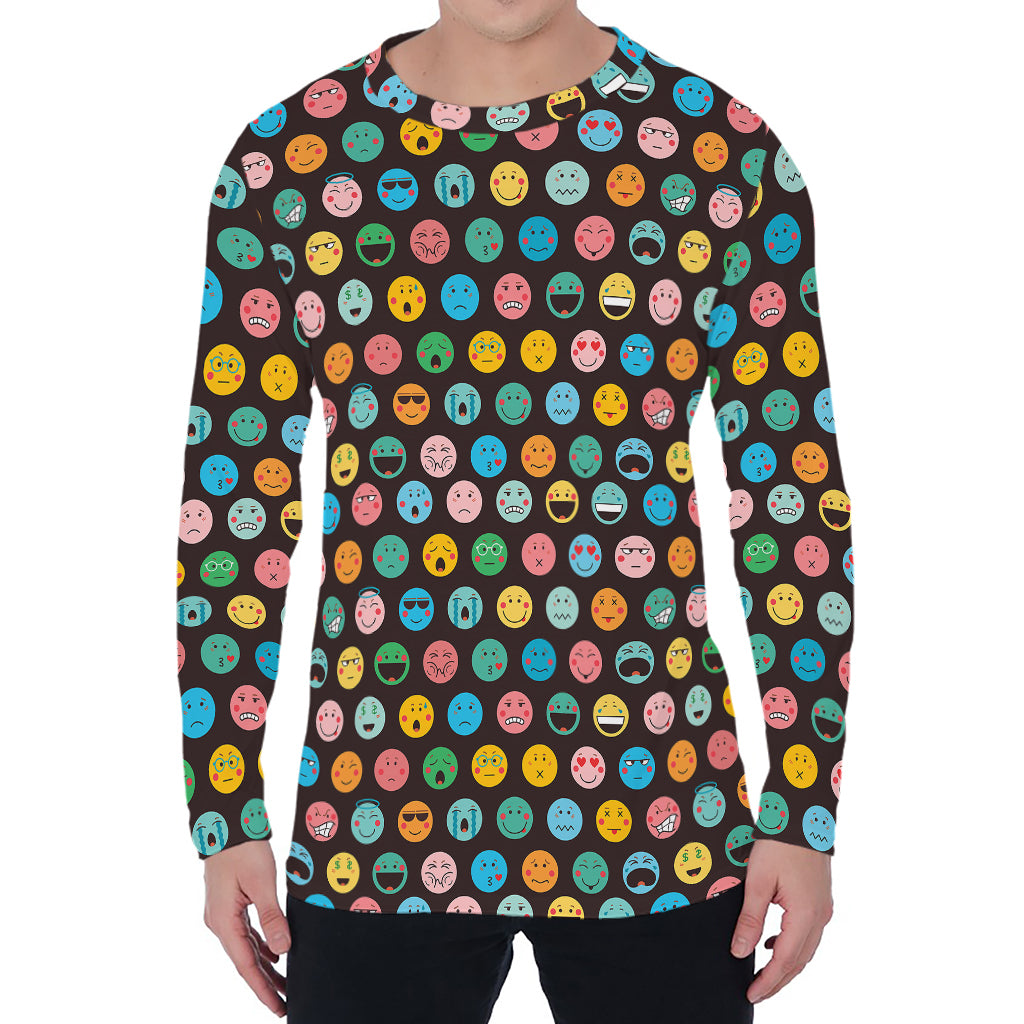 Colorful Emoji Faces Pattern Print Men's Long Sleeve T-Shirt