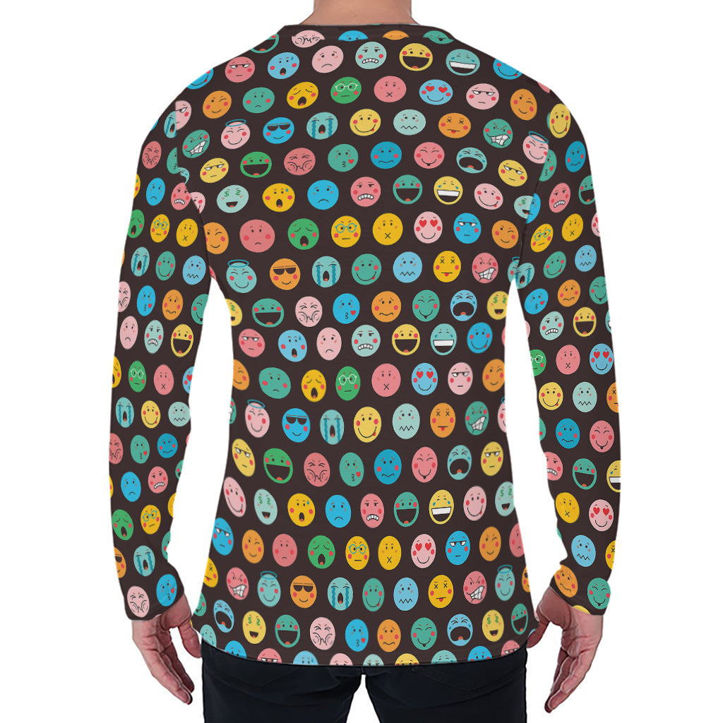 Colorful Emoji Faces Pattern Print Men's Long Sleeve T-Shirt