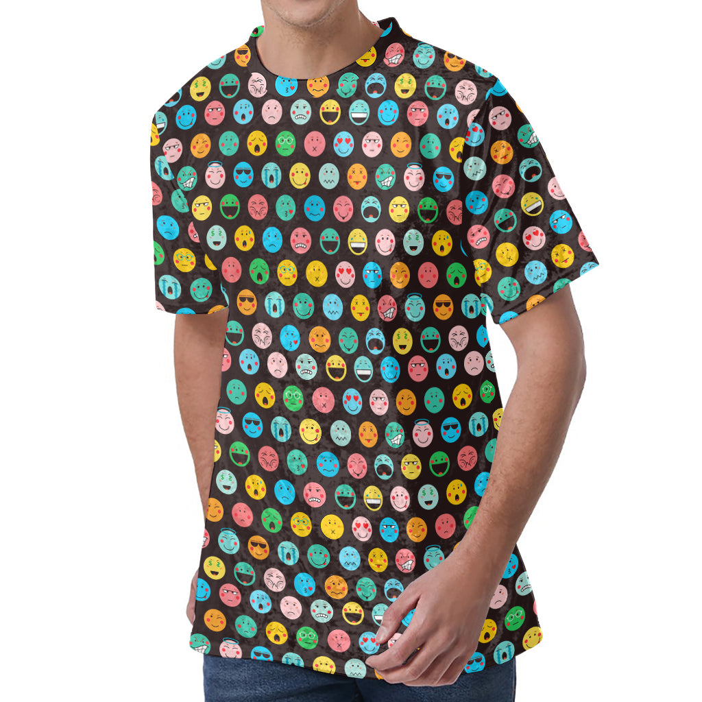 Colorful Emoji Faces Pattern Print Men's Velvet T-Shirt