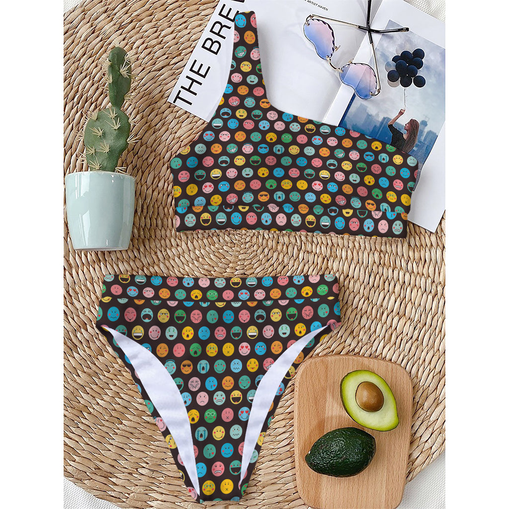 Colorful Emoji Faces Pattern Print One Shoulder Bikini Top