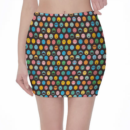 Colorful Emoji Faces Pattern Print Pencil Mini Skirt