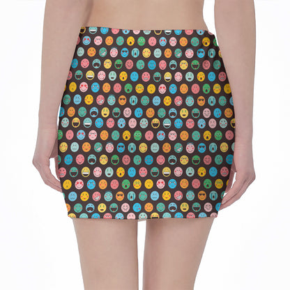 Colorful Emoji Faces Pattern Print Pencil Mini Skirt