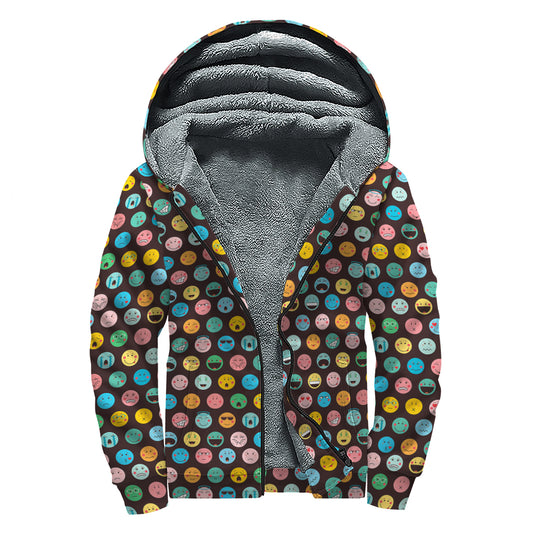Colorful Emoji Faces Pattern Print Sherpa Lined Zip Up Hoodie