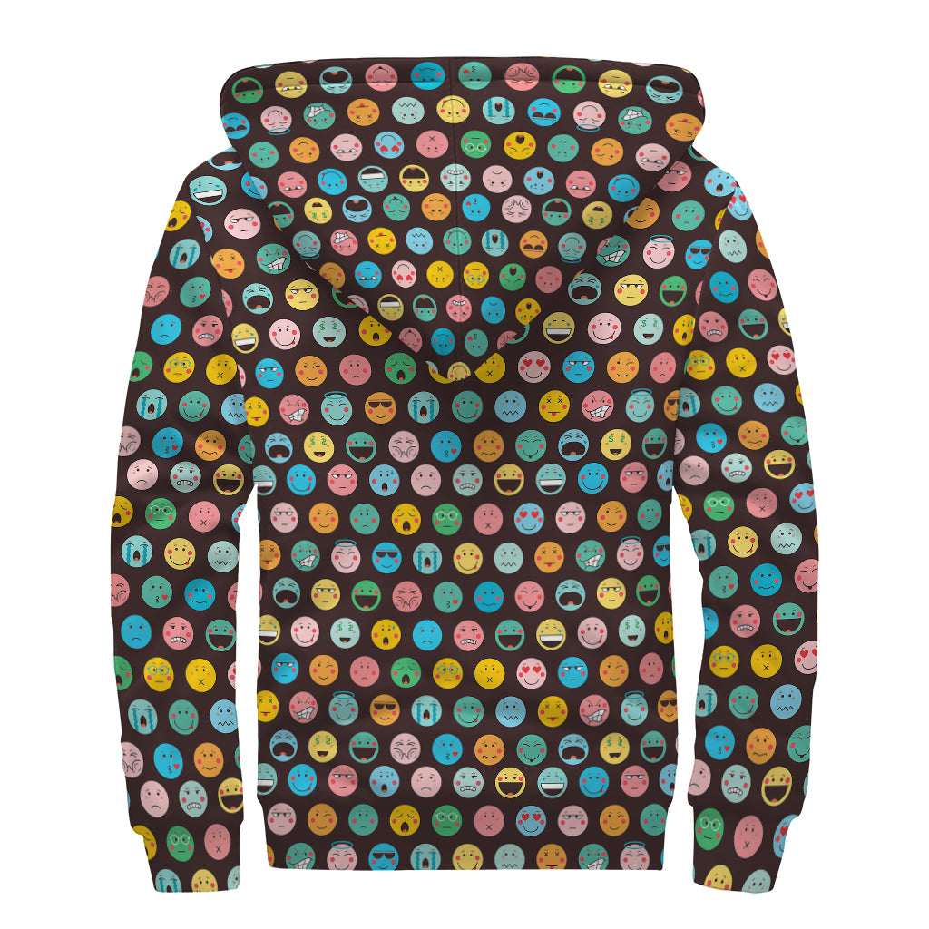 Colorful Emoji Faces Pattern Print Sherpa Lined Zip Up Hoodie