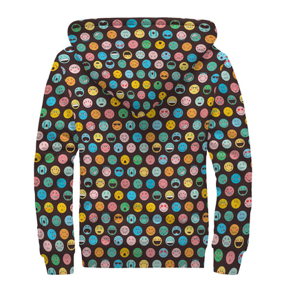 Colorful Emoji Faces Pattern Print Sherpa Lined Zip Up Hoodie
