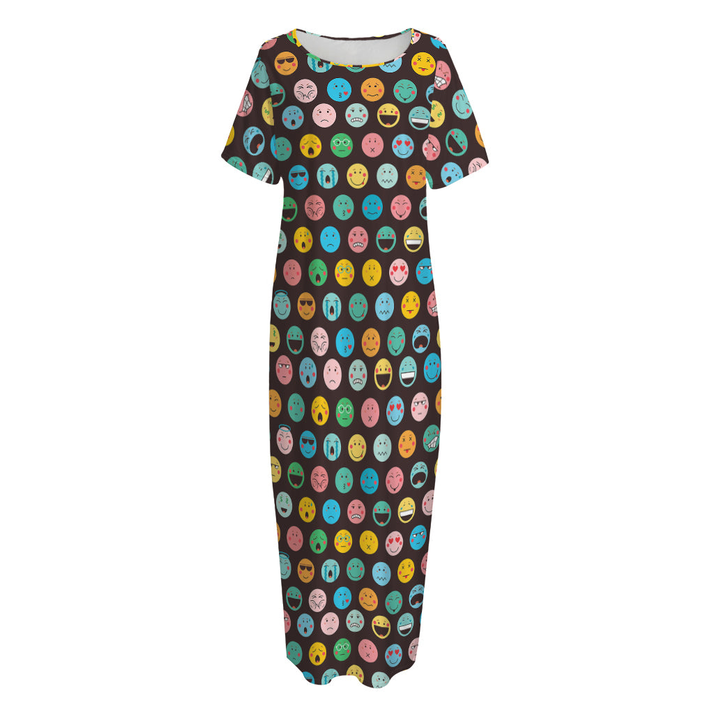 Colorful Emoji Faces Pattern Print Short Sleeve Long Nightdress