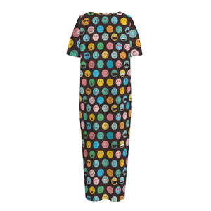 Colorful Emoji Faces Pattern Print Short Sleeve Long Nightdress