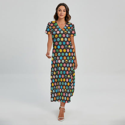 Colorful Emoji Faces Pattern Print Short Sleeve Maxi Dress