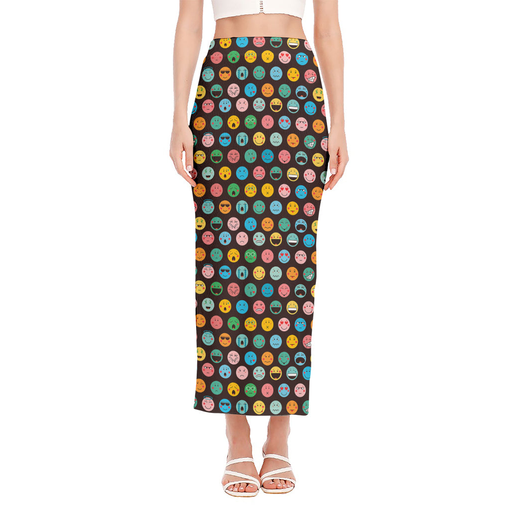 Colorful Emoji Faces Pattern Print Side Slit Maxi Skirt