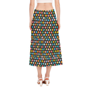 Colorful Emoji Faces Pattern Print Side Slit Midi Skirt