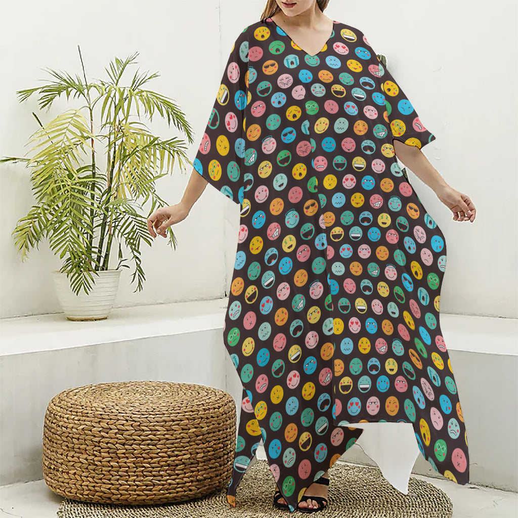 Colorful Emoji Faces Pattern Print Silk V-Neck Kaftan Dress