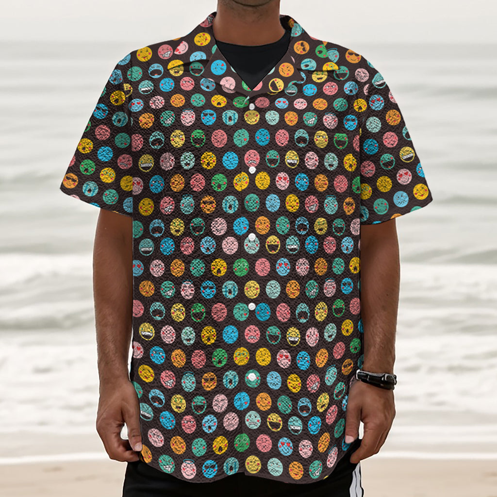 Colorful Emoji Faces Pattern Print Textured Short Sleeve Shirt