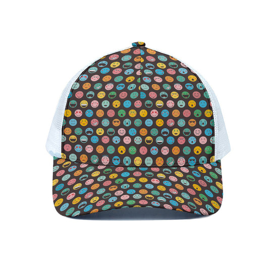 Colorful Emoji Faces Pattern Print White Mesh Trucker Cap