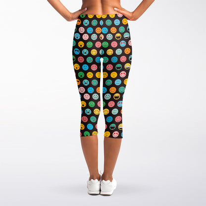 Colorful Emoji Faces Pattern Print Women's Capri Leggings