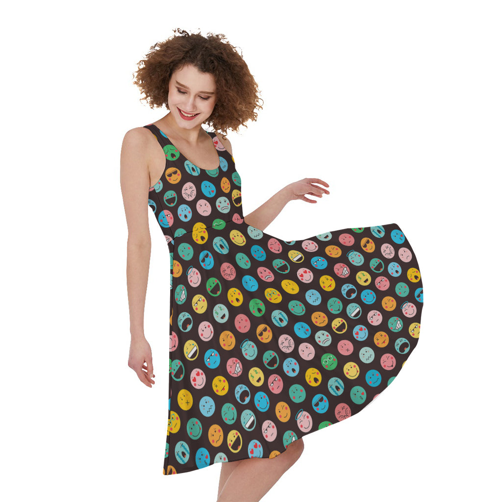 Colorful Emoji Faces Pattern Print Women's Sleeveless Dress