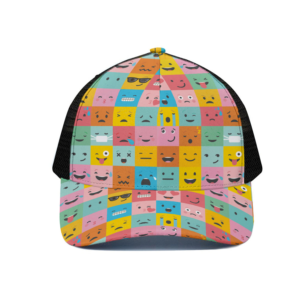Colorful Emoji Pattern Print Black Mesh Trucker Cap