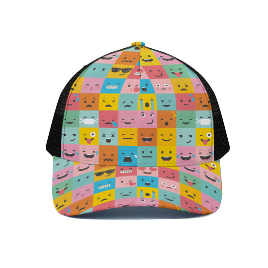 Colorful Emoji Pattern Print Black Mesh Trucker Cap