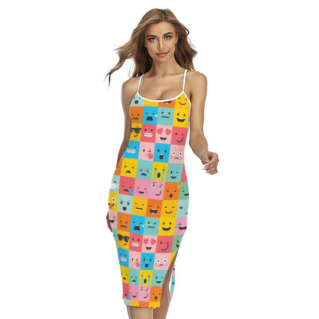 Colorful Emoji Pattern Print Cross Back Cami Dress