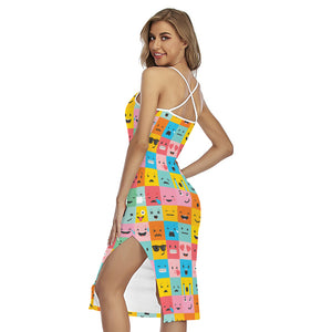 Colorful Emoji Pattern Print Cross Back Cami Dress