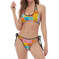 Colorful Emoji Pattern Print Halter Scoop Tie Side Bikini