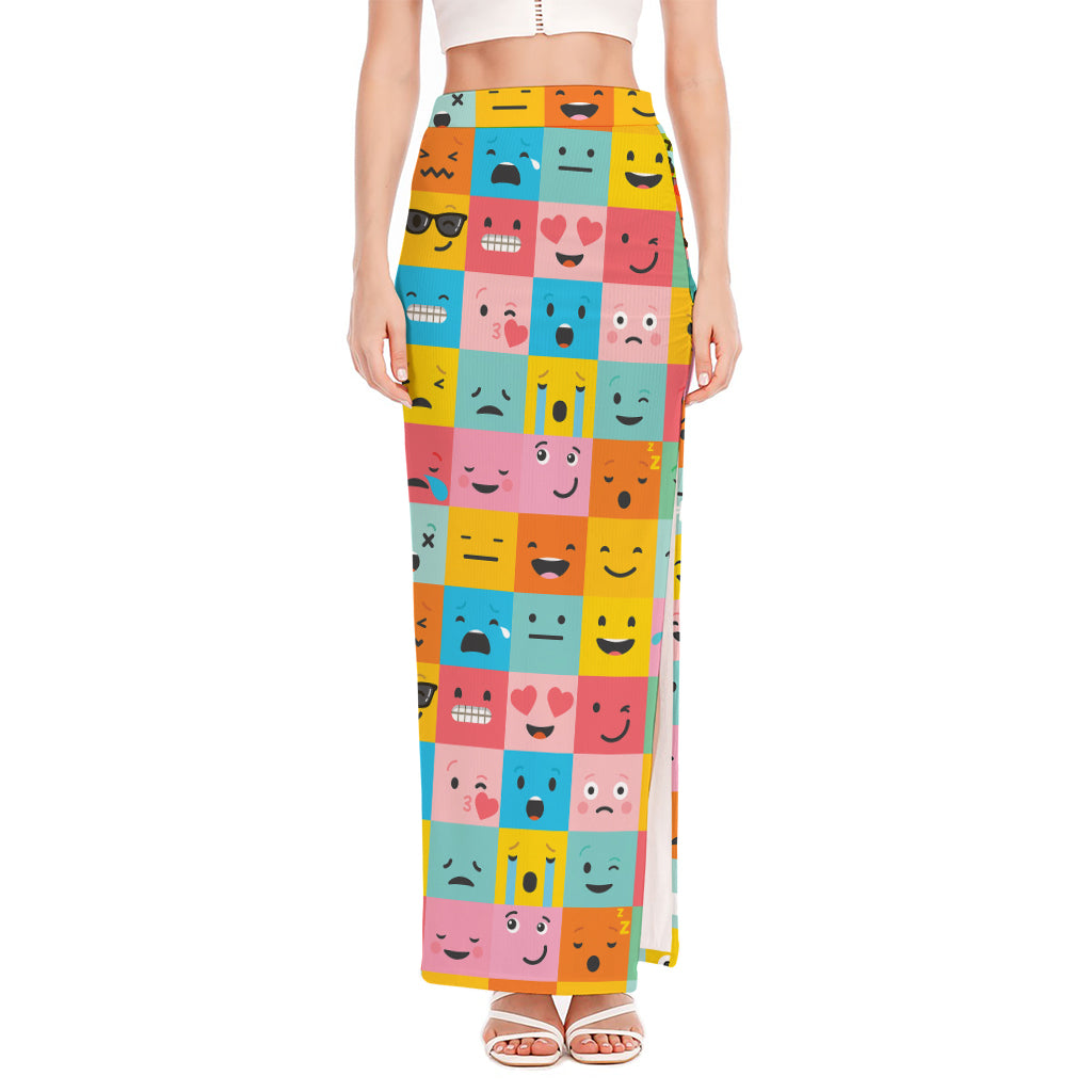 Colorful Emoji Pattern Print High Slit Maxi Skirt