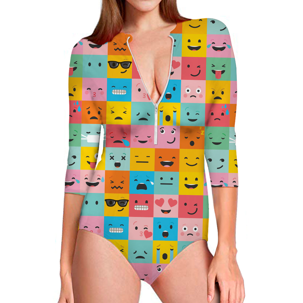 Colorful Emoji Pattern Print Long Sleeve Swimsuit