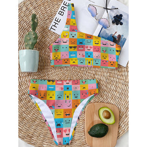 Colorful Emoji Pattern Print One Shoulder Bikini Top