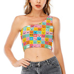 Colorful Emoji Pattern Print One Shoulder Crop Top