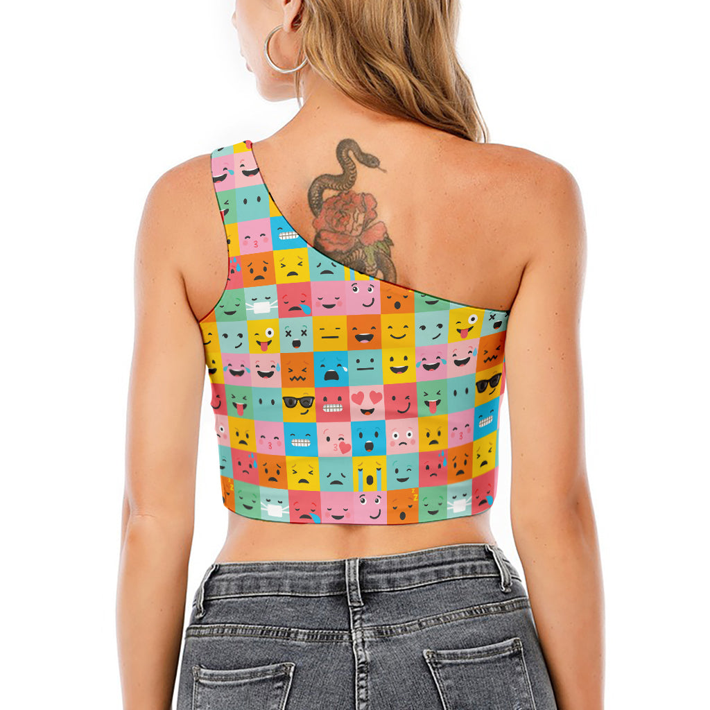 Colorful Emoji Pattern Print One Shoulder Crop Top