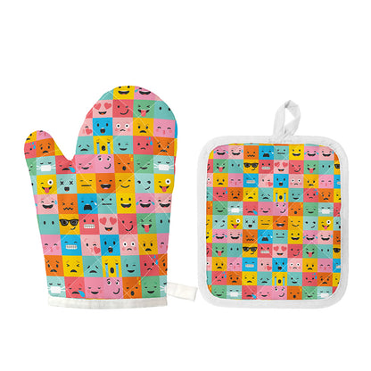 Colorful Emoji Pattern Print Oven Mitt And Pot Holder Set