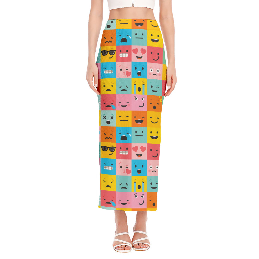 Colorful Emoji Pattern Print Side Slit Maxi Skirt