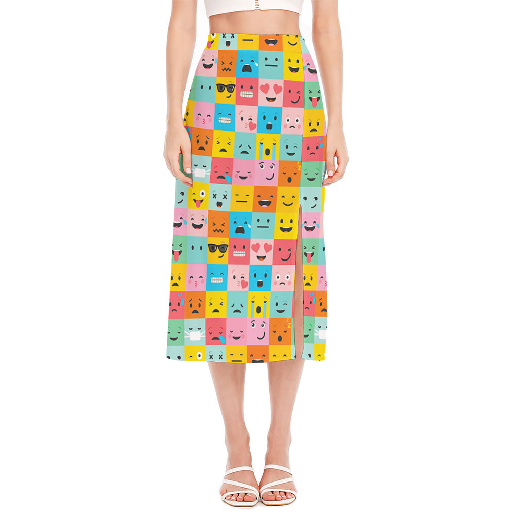 Colorful Emoji Pattern Print Side Slit Midi Skirt