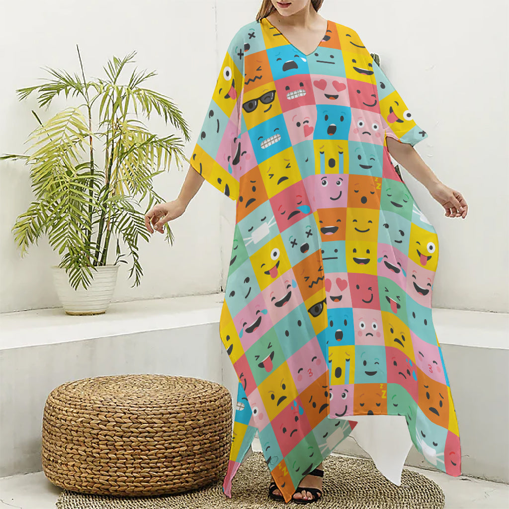 Colorful Emoji Pattern Print Silk V-Neck Kaftan Dress