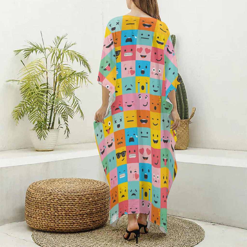 Colorful Emoji Pattern Print Silk V-Neck Kaftan Dress