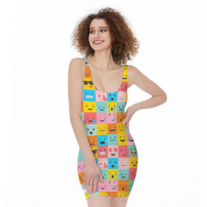 Colorful Emoji Pattern Print Sleeveless Bodycon Dress