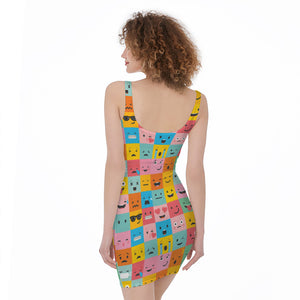 Colorful Emoji Pattern Print Sleeveless Bodycon Dress