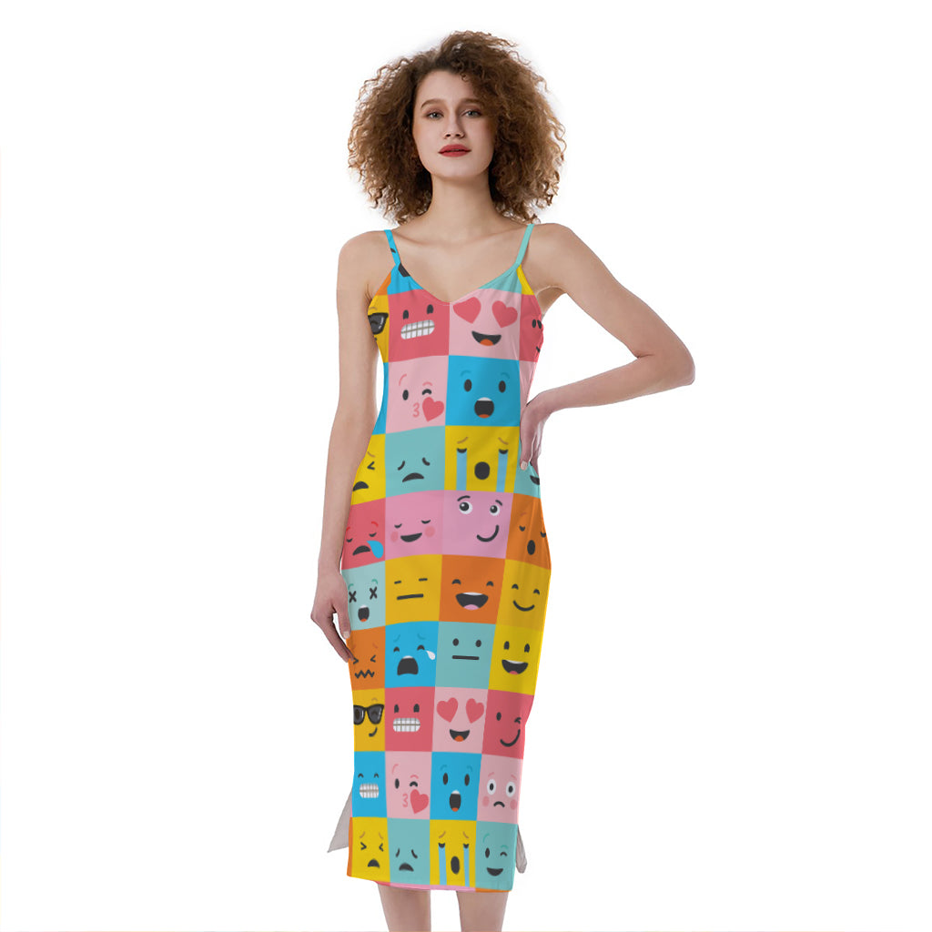 Colorful Emoji Pattern Print Slim Fit Midi Cami Dress