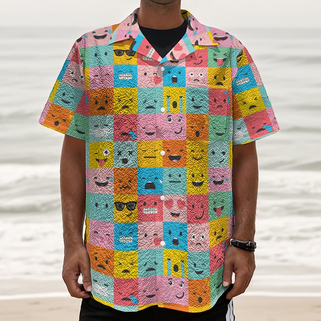 Colorful Emoji Pattern Print Textured Short Sleeve Shirt