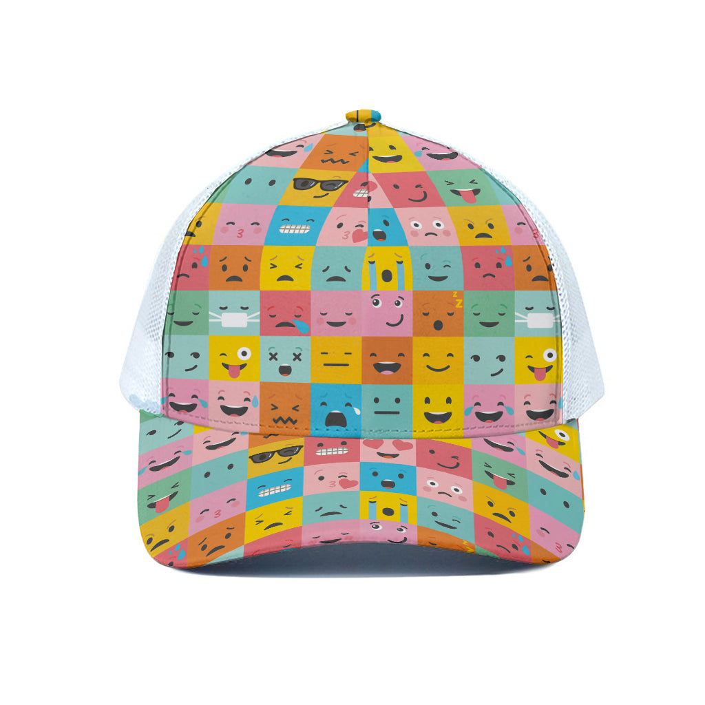 Colorful Emoji Pattern Print White Mesh Trucker Cap