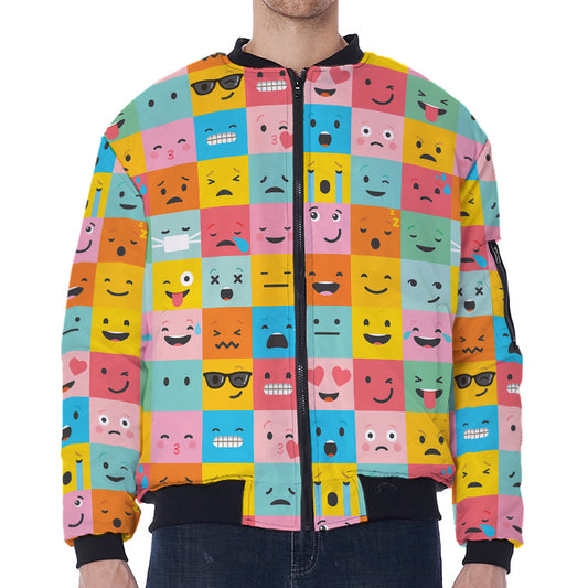 Colorful Emoji Pattern Print Zip Sleeve Bomber Jacket